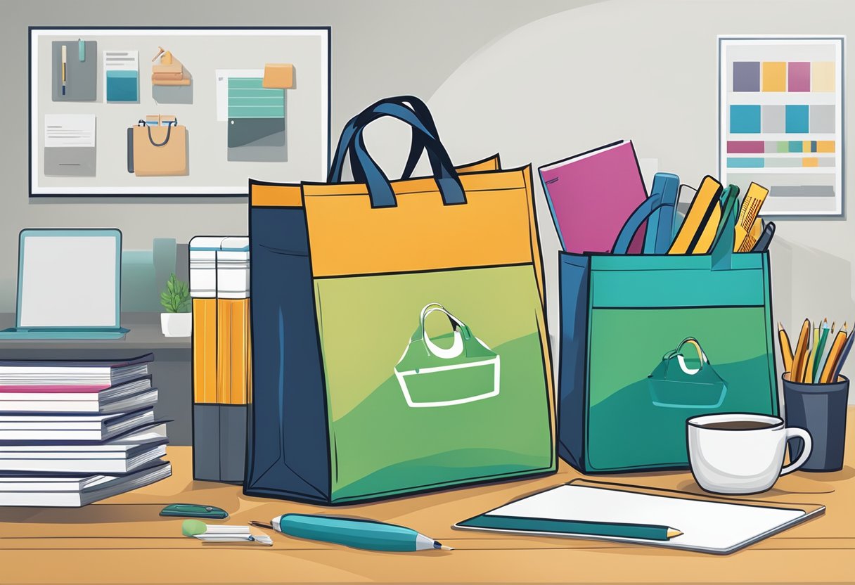 A non-woven bag with corporate branding sits on a desk surrounded by office supplies and a laptop