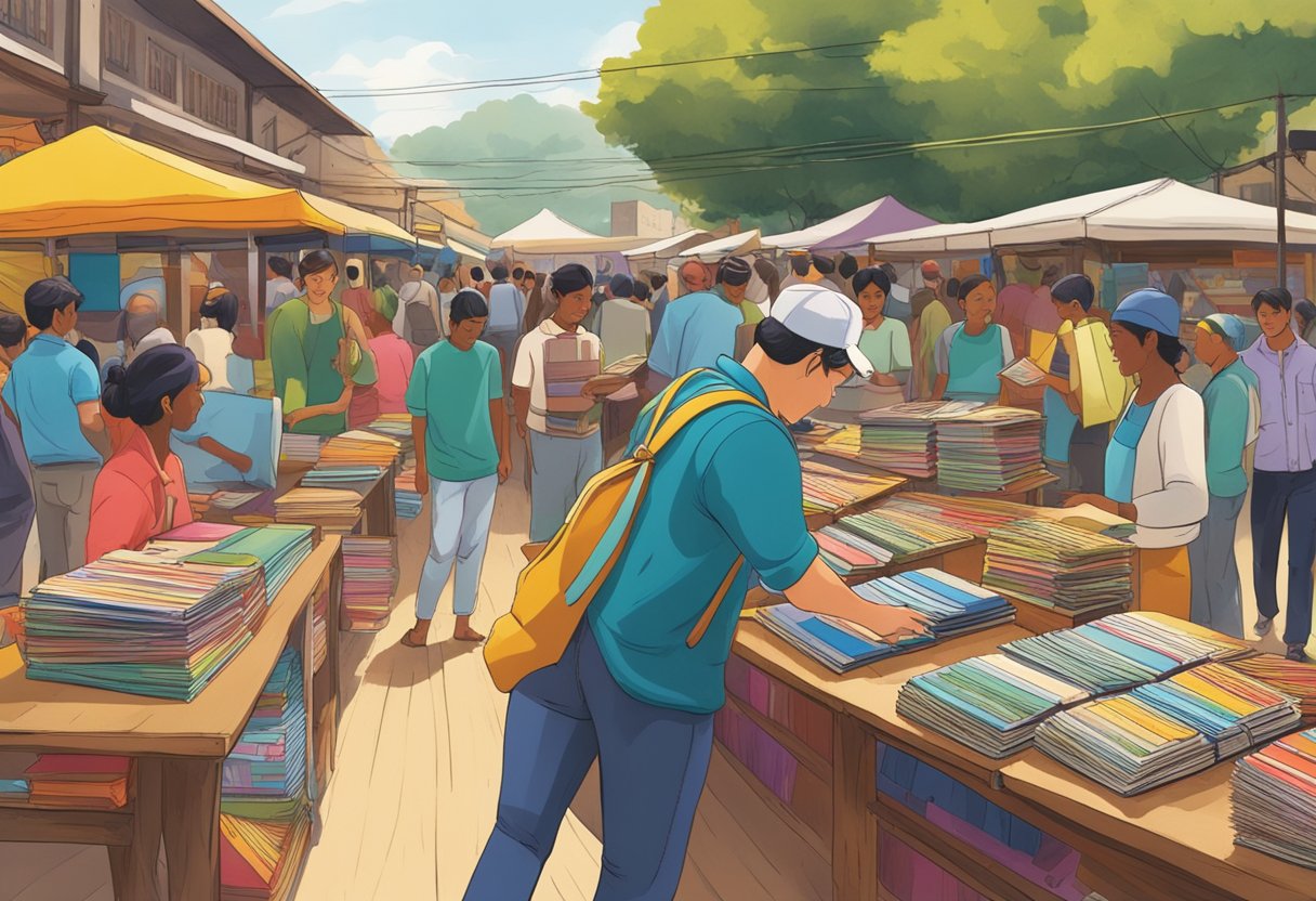 Notebook vendors display colorful, patterned notebooks on wooden tables at a bustling outdoor market. Customers browse the selection, while vendors smile and engage with potential buyers