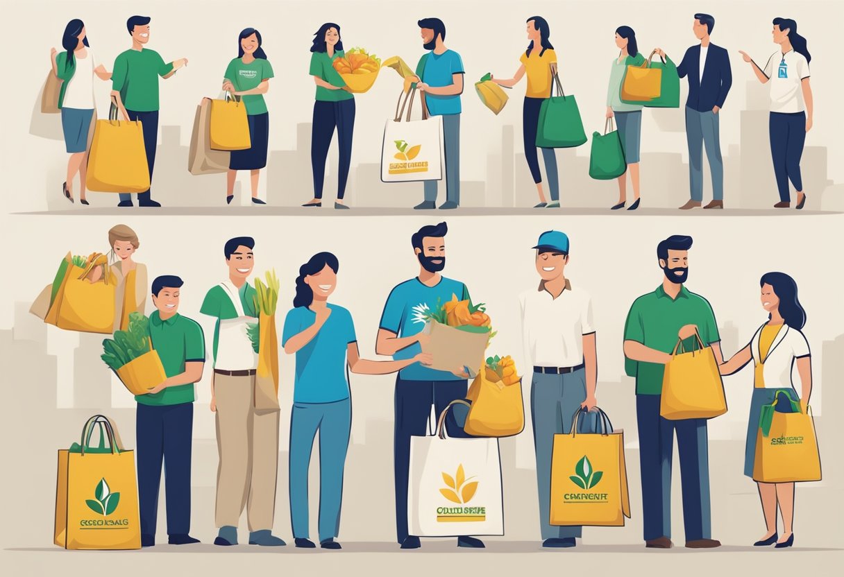 A group of non-woven bags with company logos being handed out at a corporate event, with happy recipients showcasing the durability and eco-friendly nature of the bags