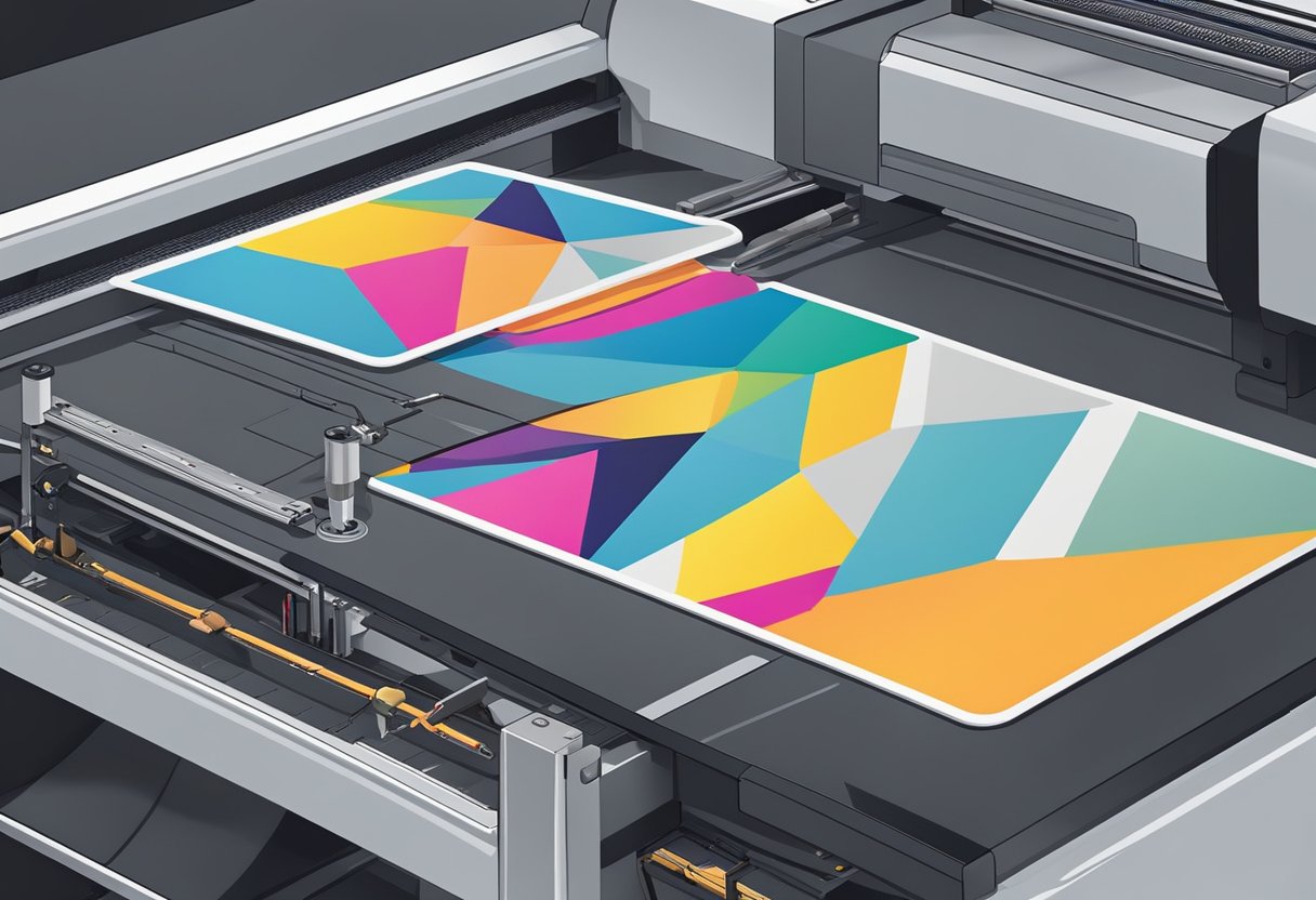 A computer mousepad being printed with a colorful design on a large industrial printer
