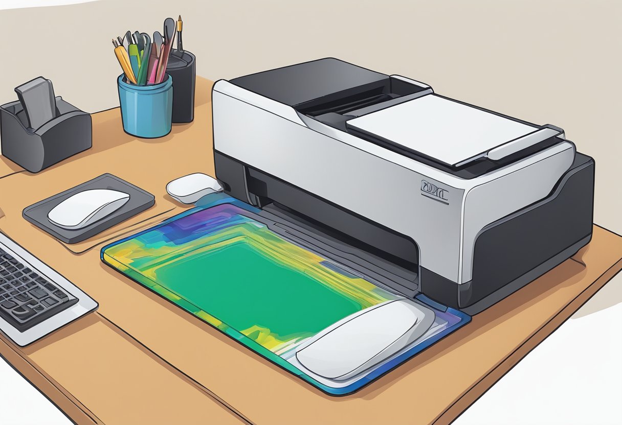 A printer deposits ink onto a blank mousepad, creating a custom design