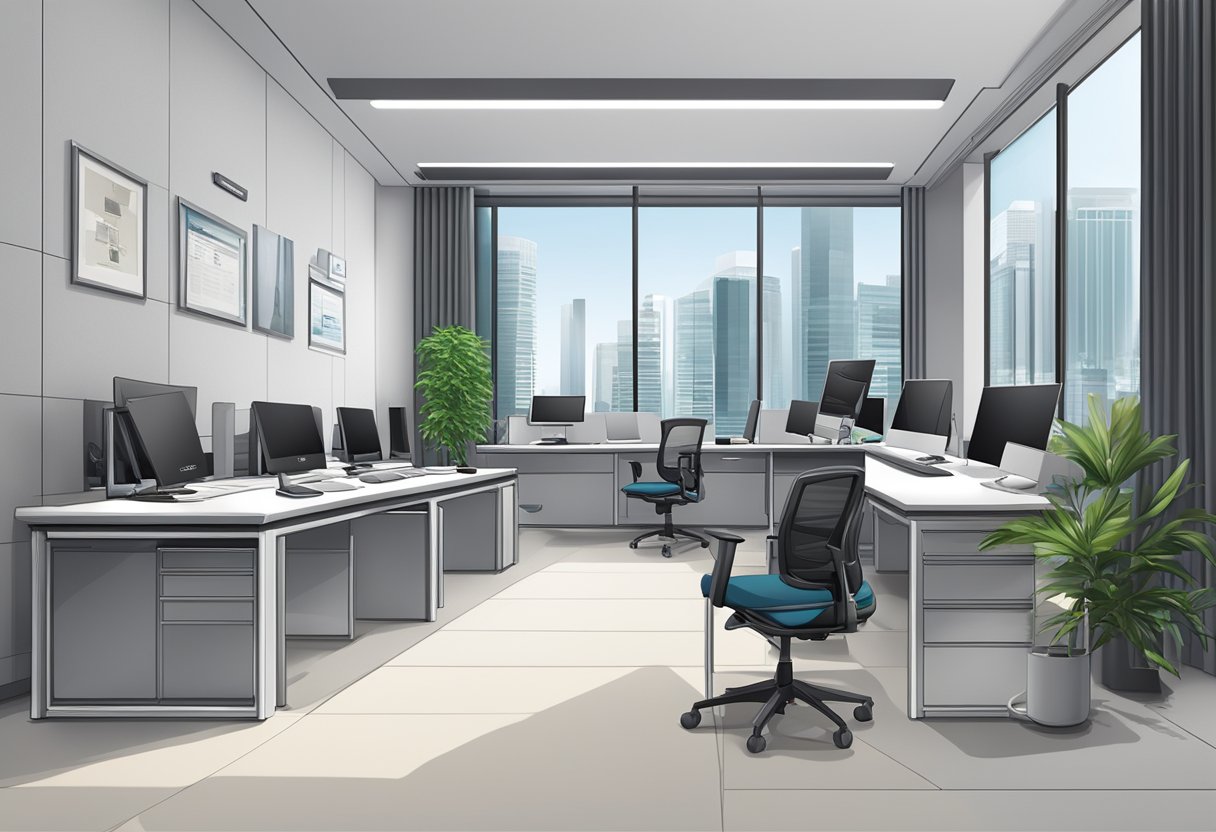A modern office with sleek furniture and computer equipment, featuring the company name "Olympia Diary S Pore Pte Ltd" displayed prominently