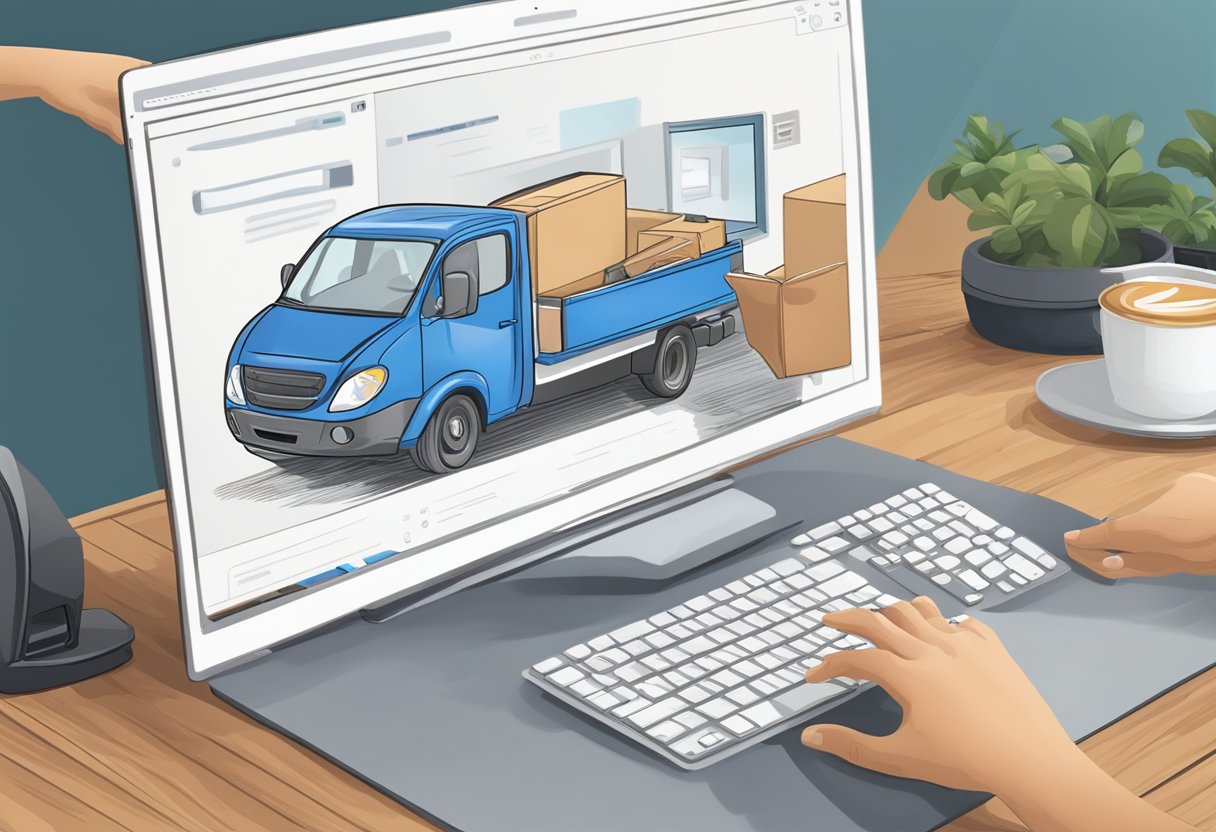 A hand places an order online for a custom mousepad. A delivery person drops off the printed mousepad at the door