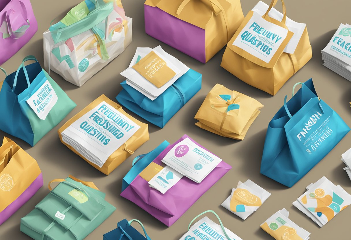 A stack of non-woven bags with "Frequently Asked Questions" printed on them, surrounded by corporate gift items