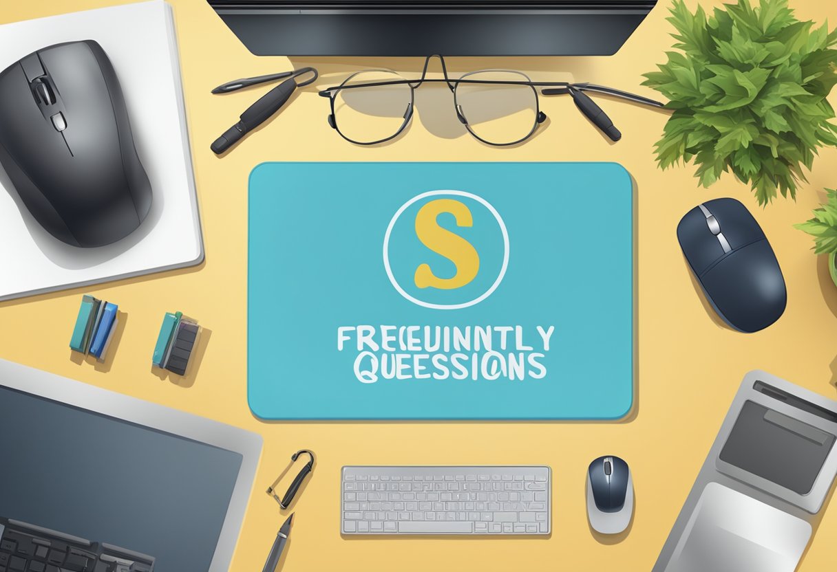 A mousepad with "Frequently Asked Questions" printed on it, surrounded by printing equipment and a computer