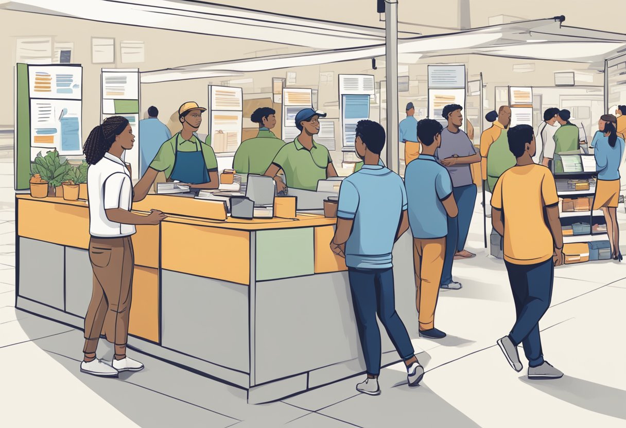 A group of vendors stand behind their booths, each with a "Frequently Asked Questions" notebook on display. Customers approach, pointing and asking questions