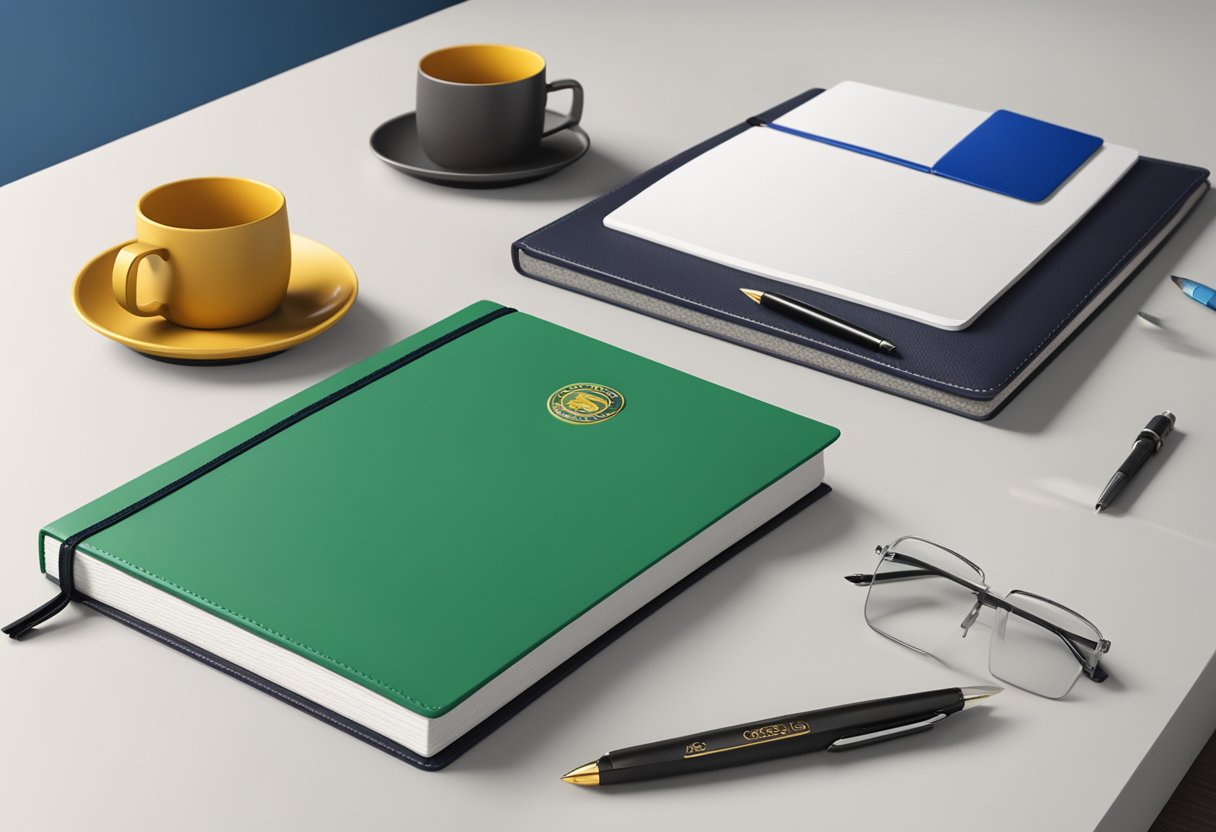 A table with branded pens, notebooks, and mugs. A logo-embossed leather portfolio sits in the background