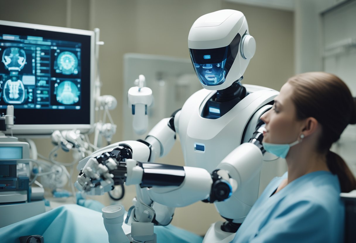 Robots assist in healthcare: a robot arm administers medication to a patient, while a robot nurse checks vital signs and a robot surgeon performs a precise operation