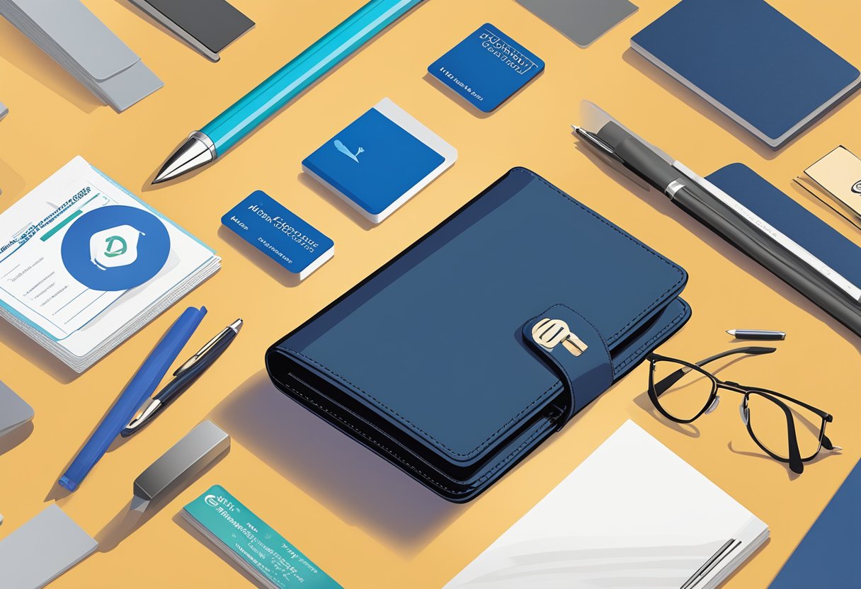 A sleek, leather passport holder sits on a desk next to a branded pen and a stack of business cards