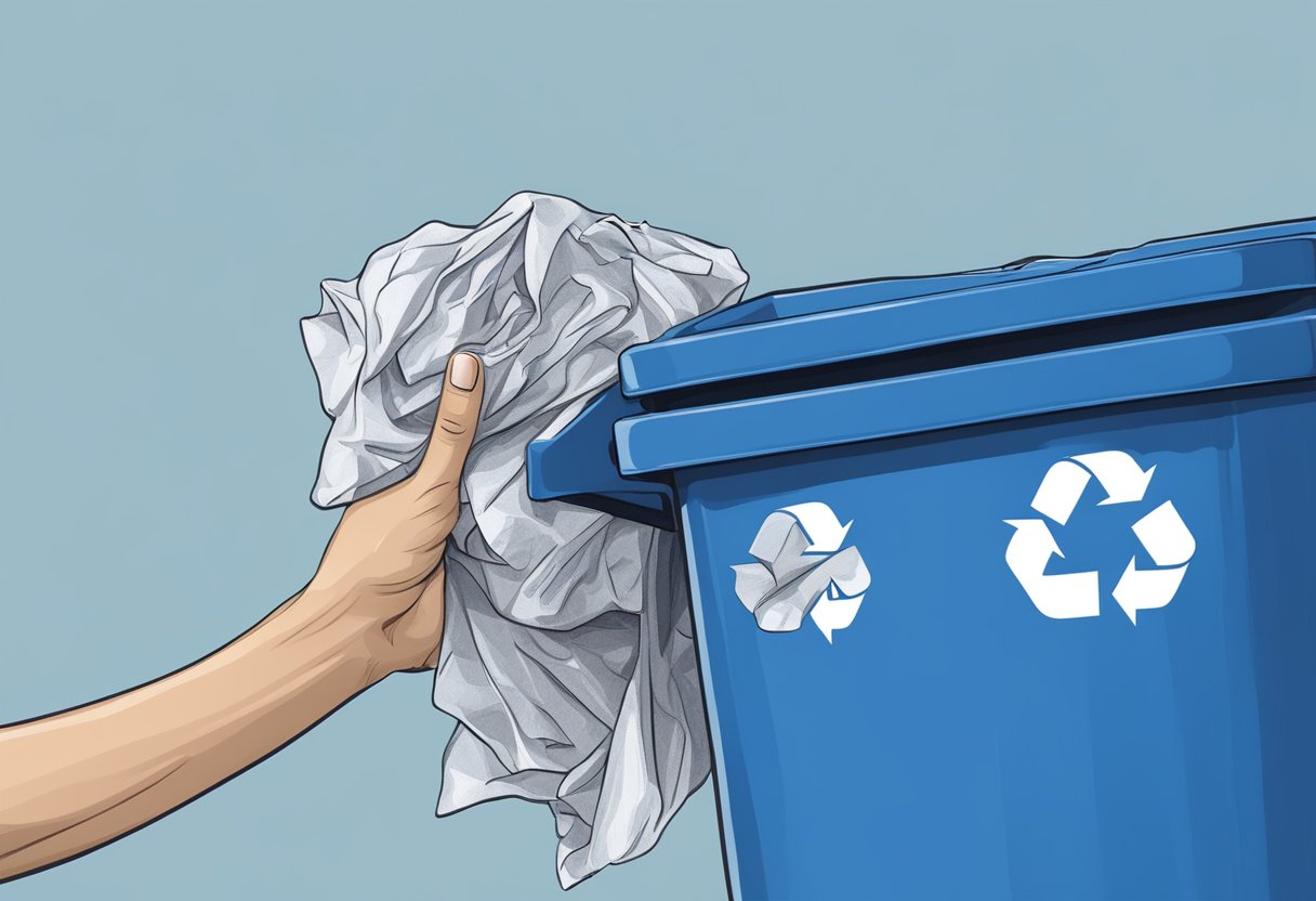 A hand reaches into a blue recycling bin, pulling out a crumpled polyester bag with the recycling symbol on it