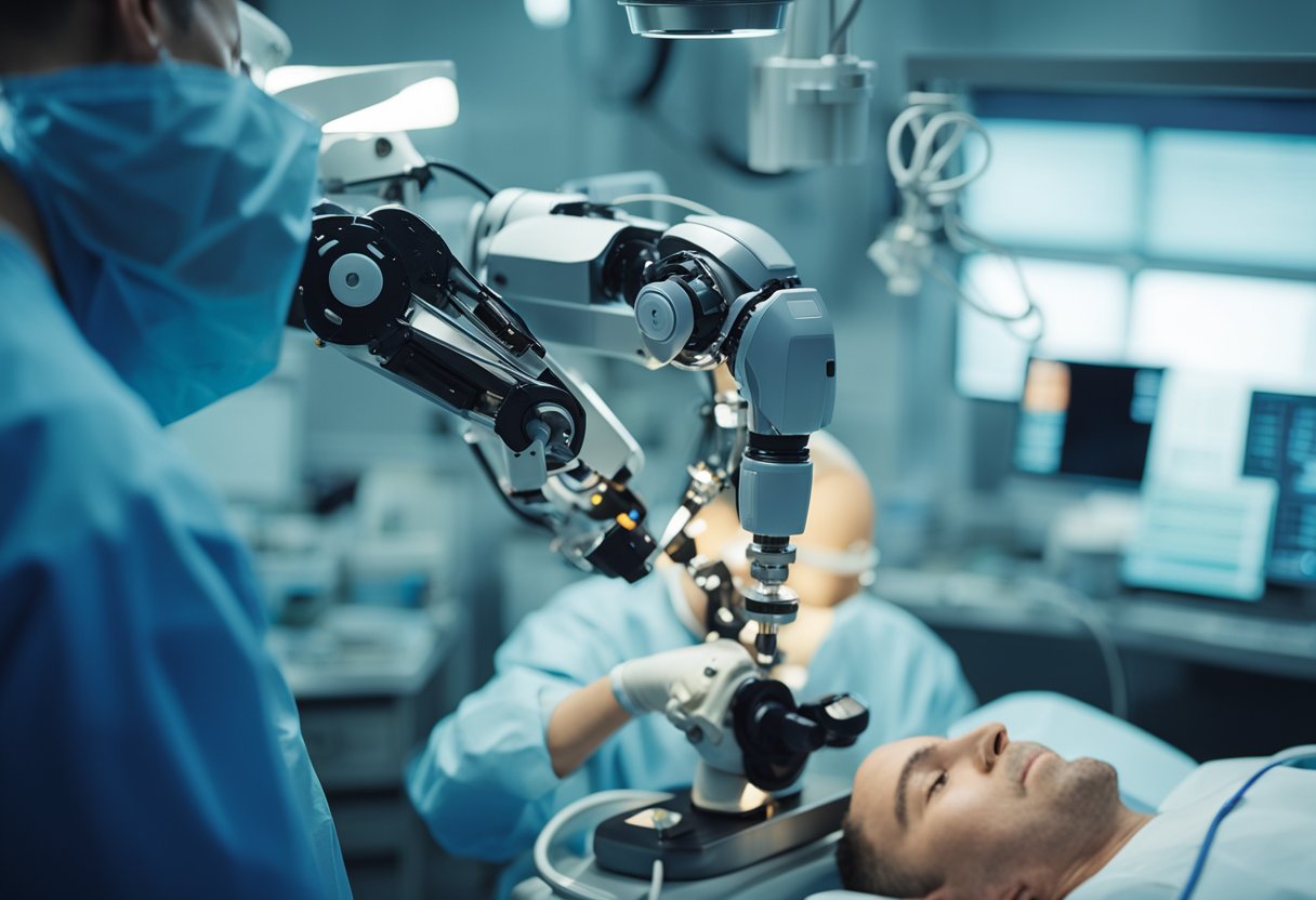 A robotic arm performs surgery on a patient, guided by a surgeon at a control panel