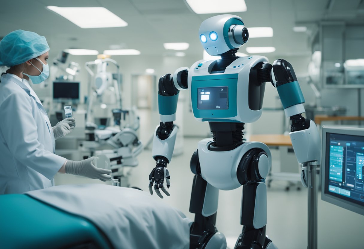 Robots performing medical tasks in a hospital setting, interacting with equipment and patients