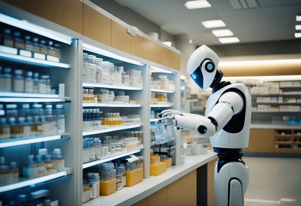 Robots sorting and dispensing medication in a modern pharmacy setting