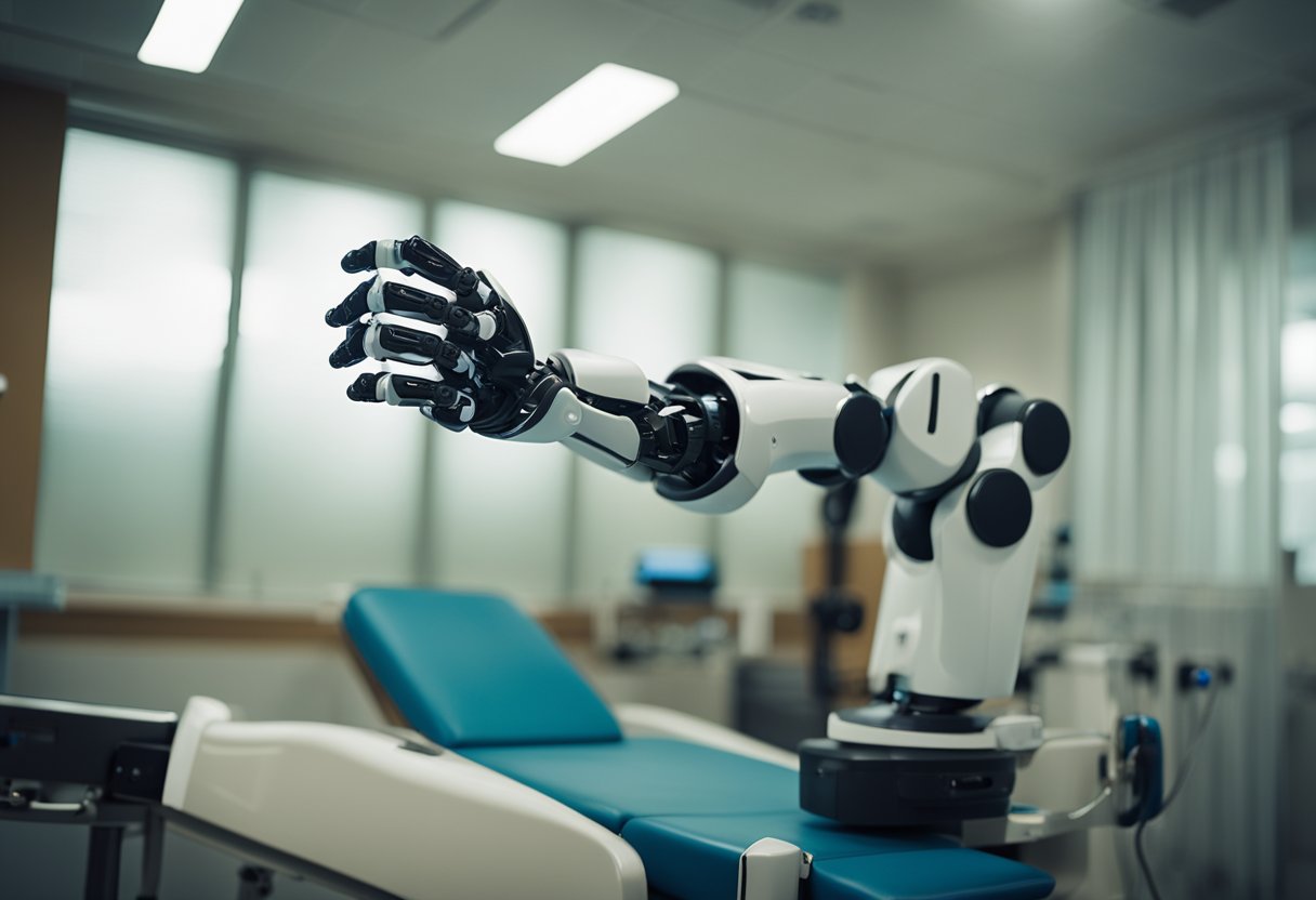 A robotic arm assists a patient with physical therapy exercises in a hospital room