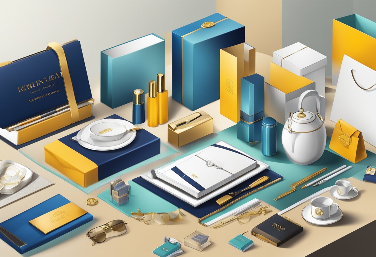 A table displaying a variety of personalized corporate gifts, including branded items, luxury goods, and custom-made products