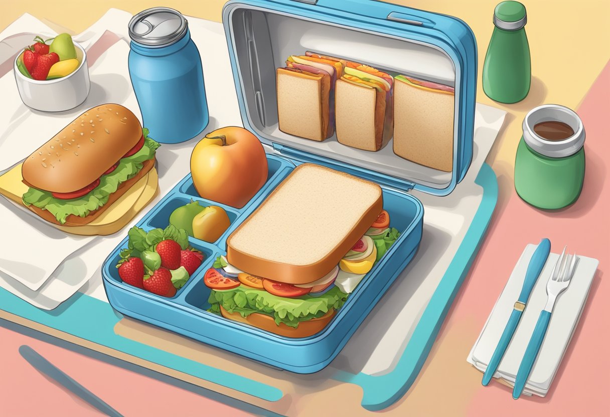 A colourful, personalised lunch box sits open on a kitchen counter, filled with a sandwich, fruit, and a small note tucked inside