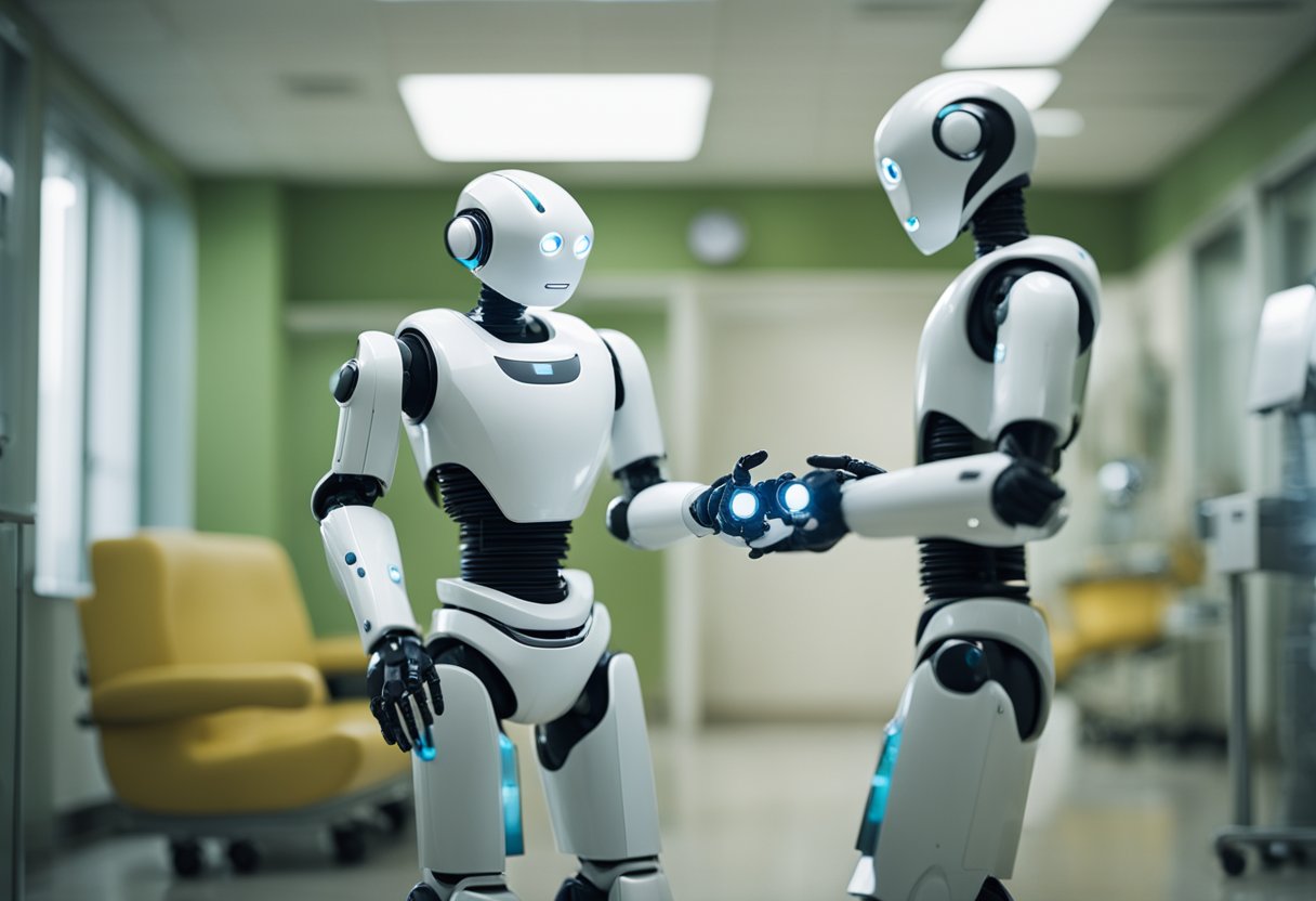 Robots in a hospital setting, assisting with patient care and monitoring vital signs