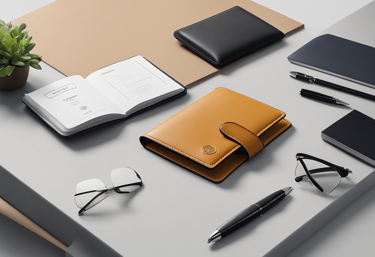 A hand reaches for a sleek, leather passport holder with a debossed company logo, displayed on a clean, modern desk with other corporate gifting options