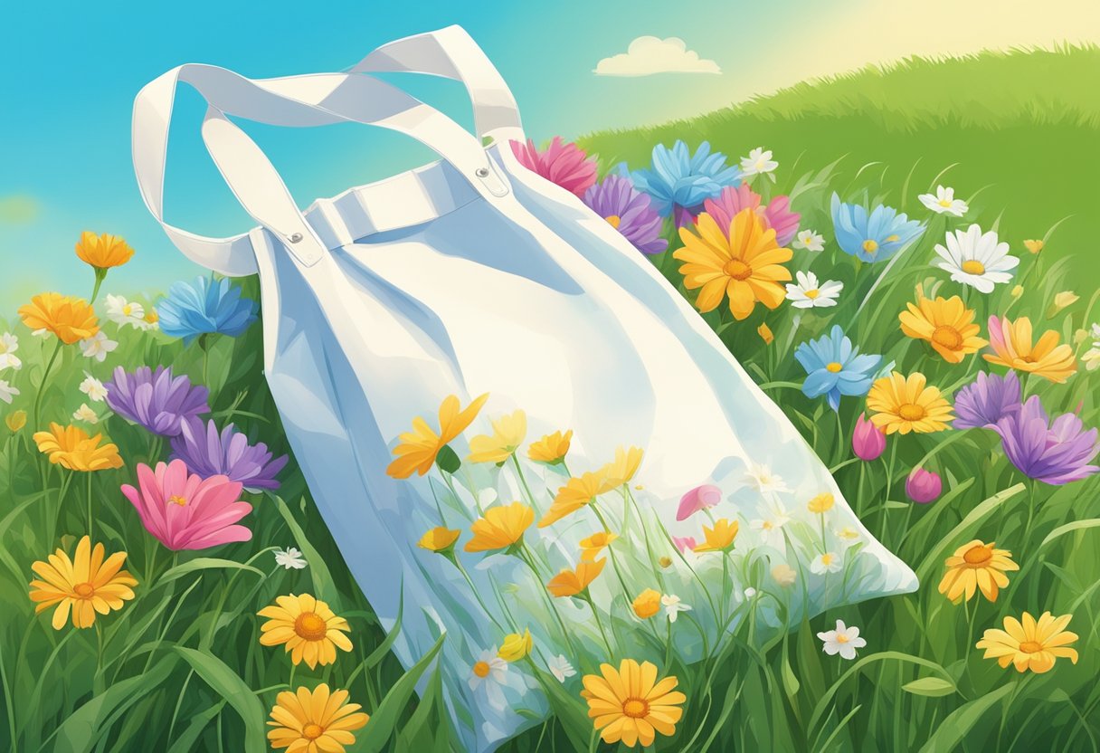 A polyester recycle bag lies on a grassy field, surrounded by colorful flowers and a clear blue sky