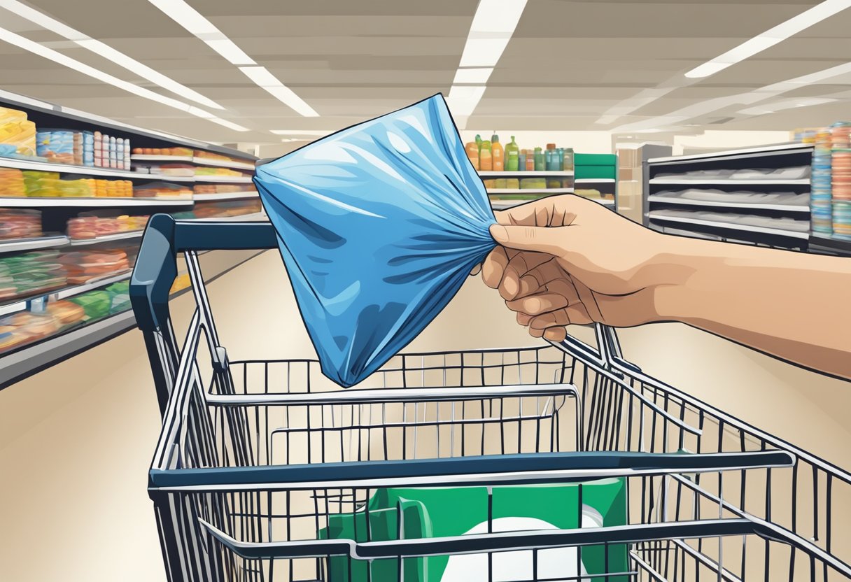 A hand reaches for a polyester recycle bag, placing it in a shopping cart. Another hand uses the bag at a grocery store