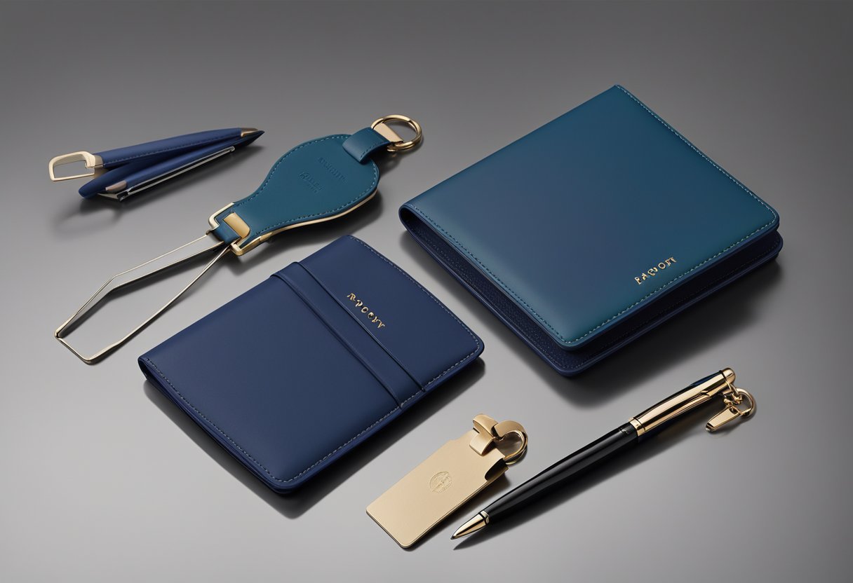 A sleek passport holder is being paired with a branded pen and luggage tag, creating a sophisticated corporate gift set