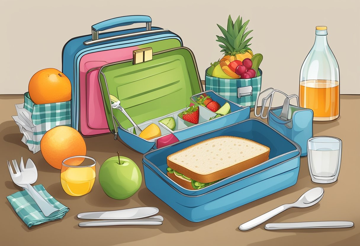 A lunch box with a customizable name tag, containing a sandwich, fruit, and a drink, surrounded by a napkin and utensils