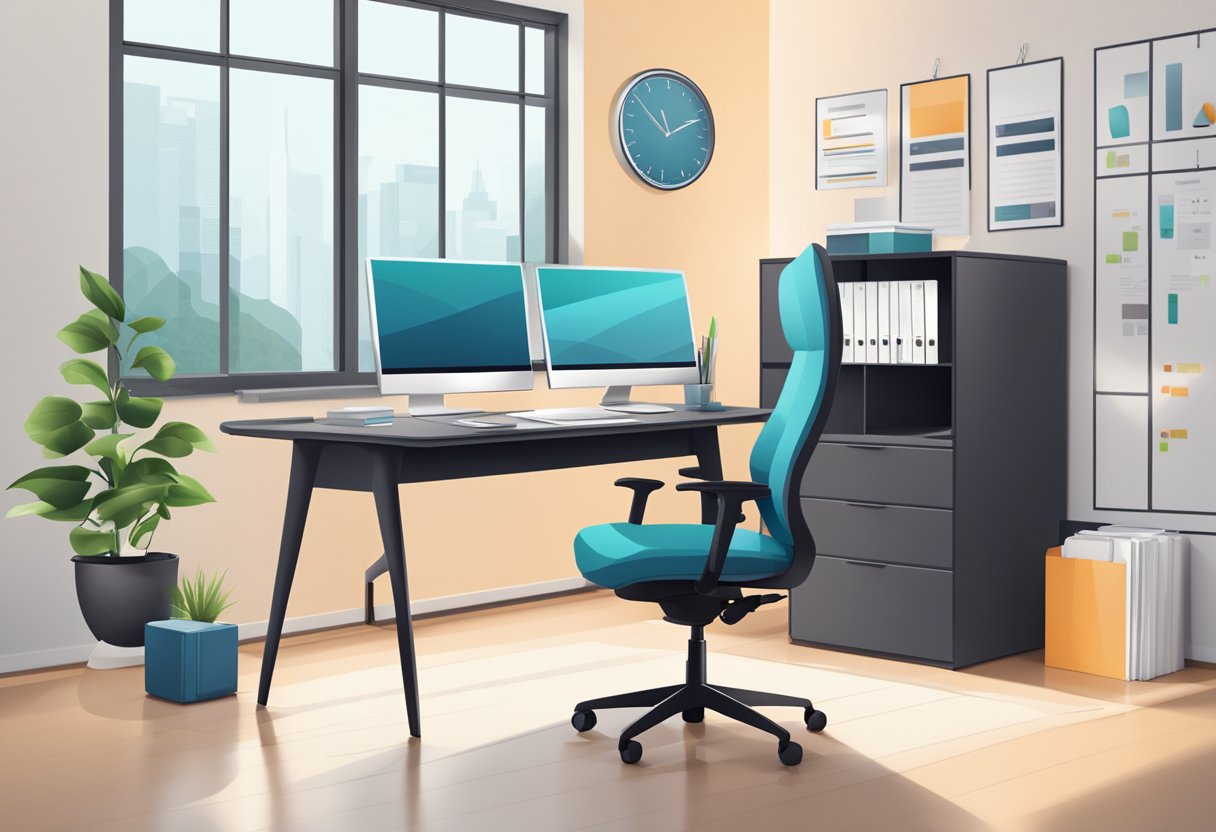 A modern office with a sleek desk, computer, and calendar. The company logo is prominently displayed on the wall