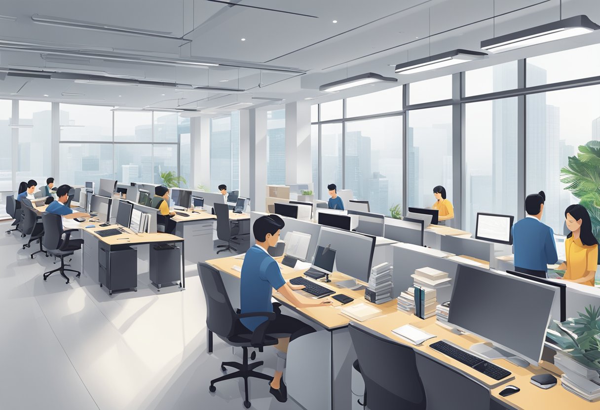 The bustling office of Olympia Diary Singapore Pte Ltd, with employees working diligently at their desks and a sense of productivity in the air