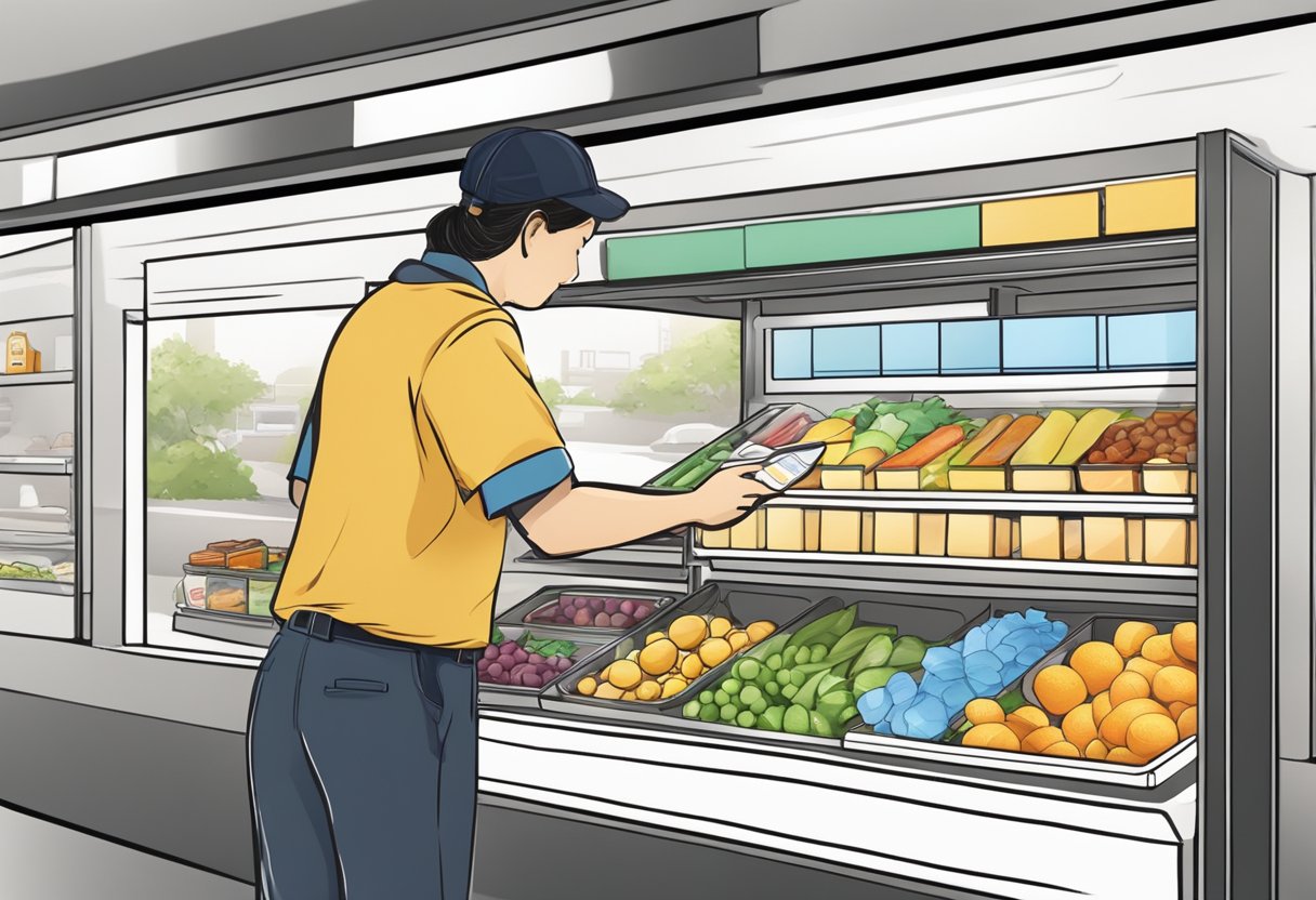 A customer selecting lunch box color and adding name at a kiosk