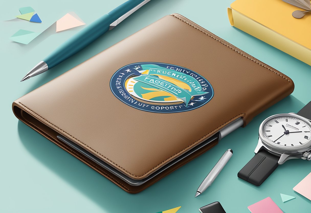 A sleek, modern passport holder with "Frequently Asked Questions" logo, surrounded by corporate gifts like pens, notebooks, and a branded mug