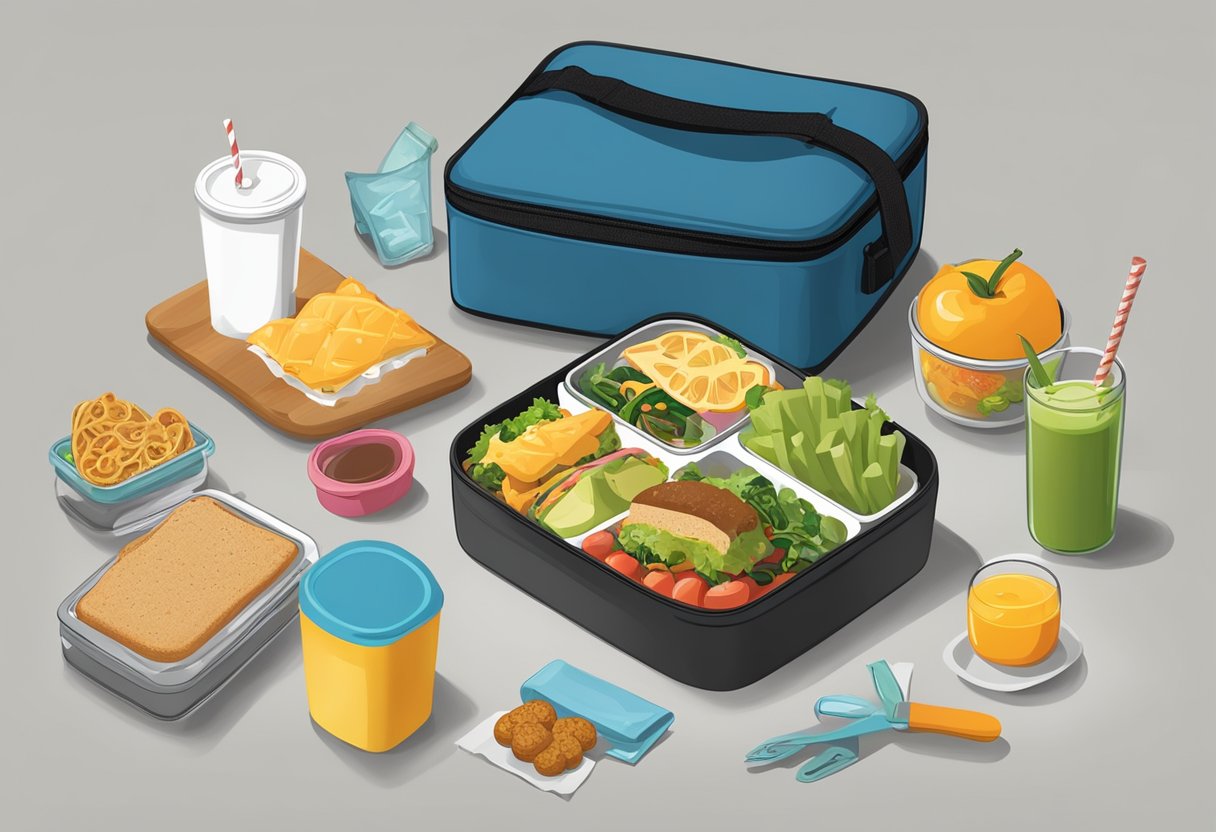 A lunch box with "Frequently Asked Questions" printed on it, surrounded by various food items and a drink