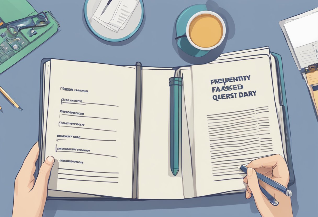 A person holding a notebook with "Frequently Asked Questions olympia diary s pore pte ltd" written on the cover