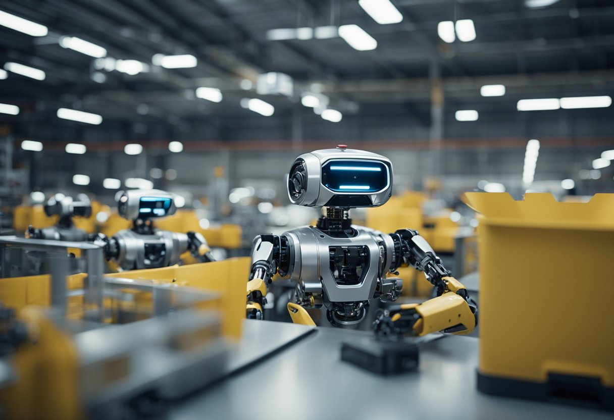 Robots in a manufacturing plant assembling cars, while others are sorting and packaging products in a warehouse