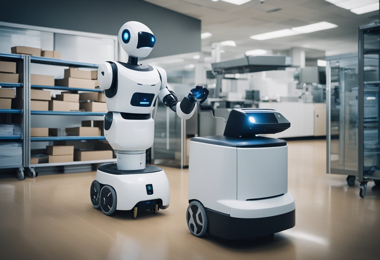 Various service robots in action: delivery robot carrying packages, cleaning robot scrubbing floors, and medical robot assisting in surgery