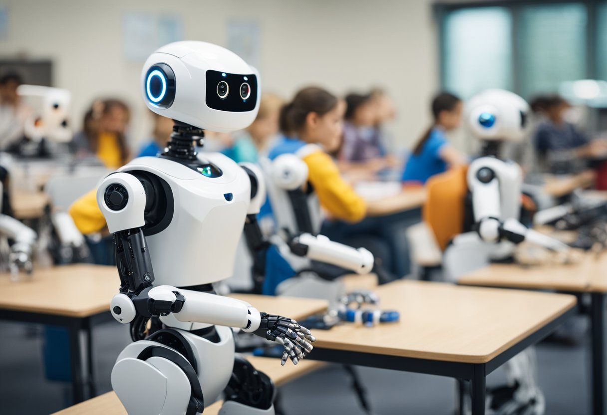 Various educational robots in a classroom setting, including programmable robots, humanoid robots, and robotic arms used for teaching and research purposes