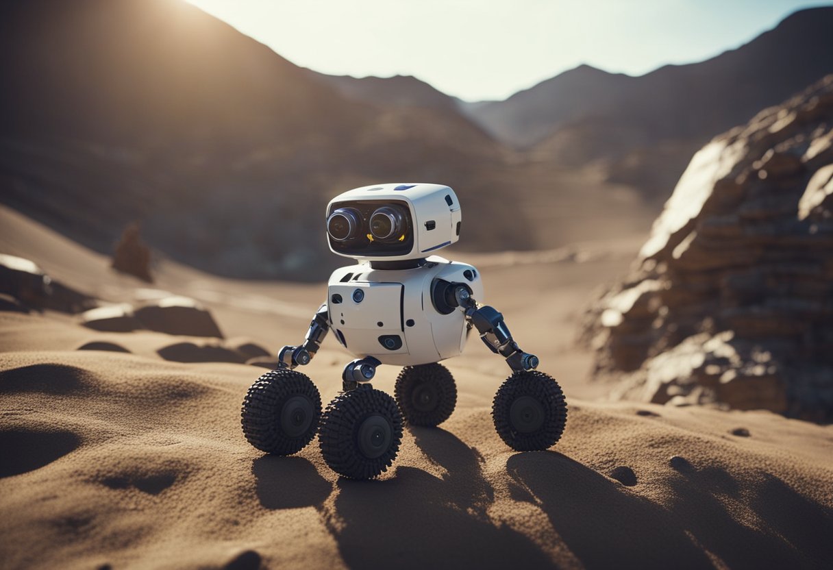 Robotic explorers traverse alien terrain, collecting samples and transmitting data back to Earth. They navigate rough landscapes and investigate mysterious phenomena