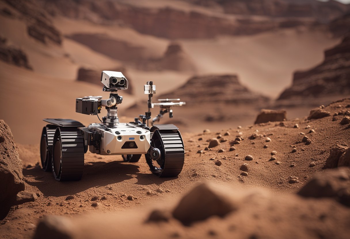 Robots navigating rocky terrain on Mars, collecting samples and transmitting data back to Earth