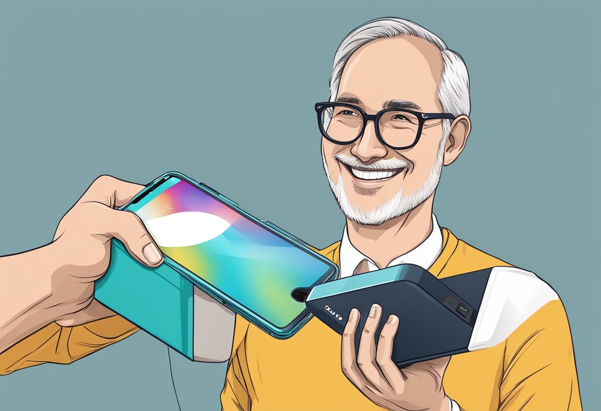 A hand reaches out to give a powerbank as a gift, with a smile on the recipient's face