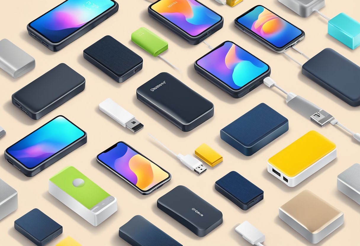 A hand reaches for a powerbank among various options on a display table. Bright packaging and clear product information catch the eye