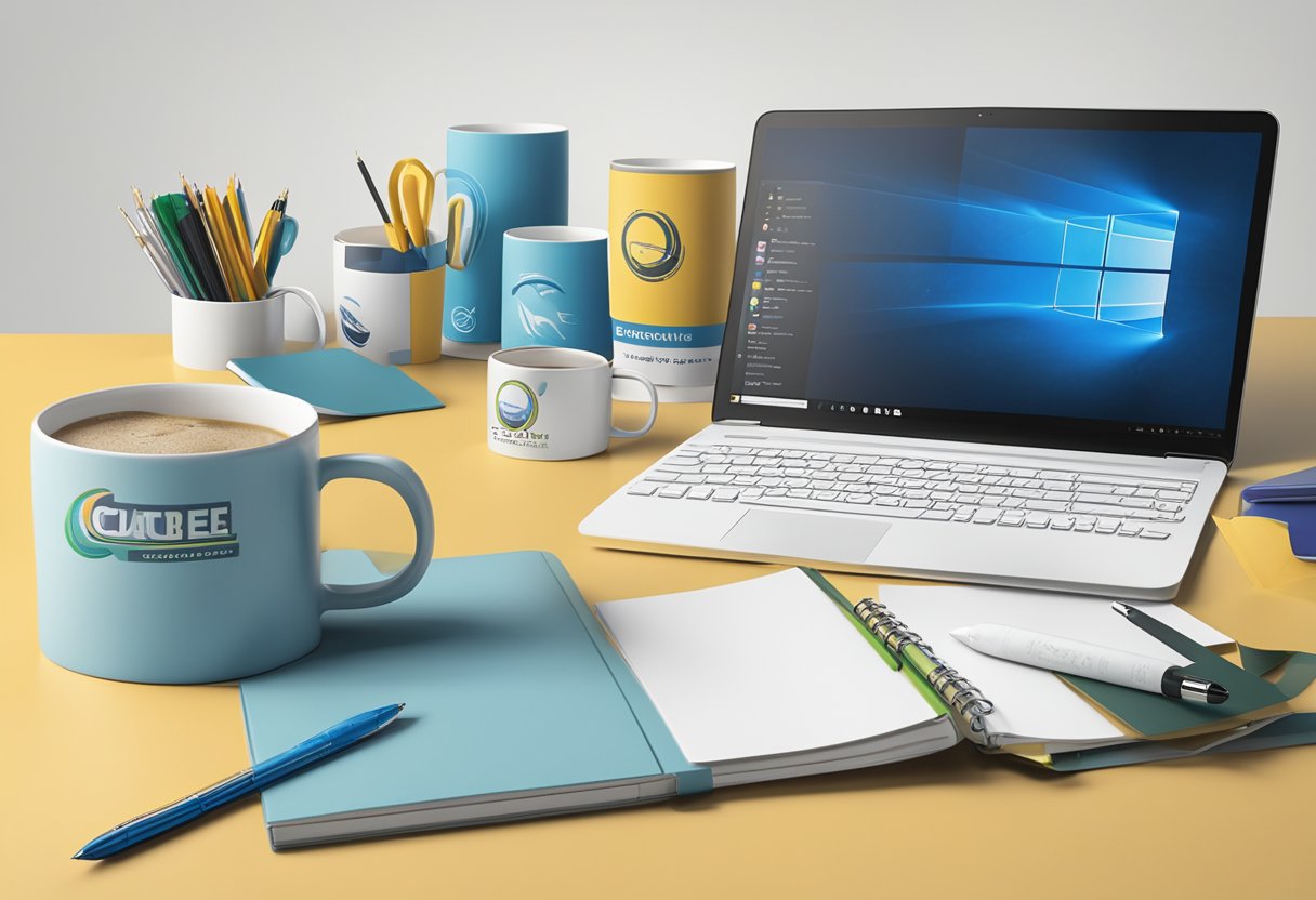 A table covered in branded merchandise: mugs, pens, and notebooks. A backdrop of the company's logo and slogan