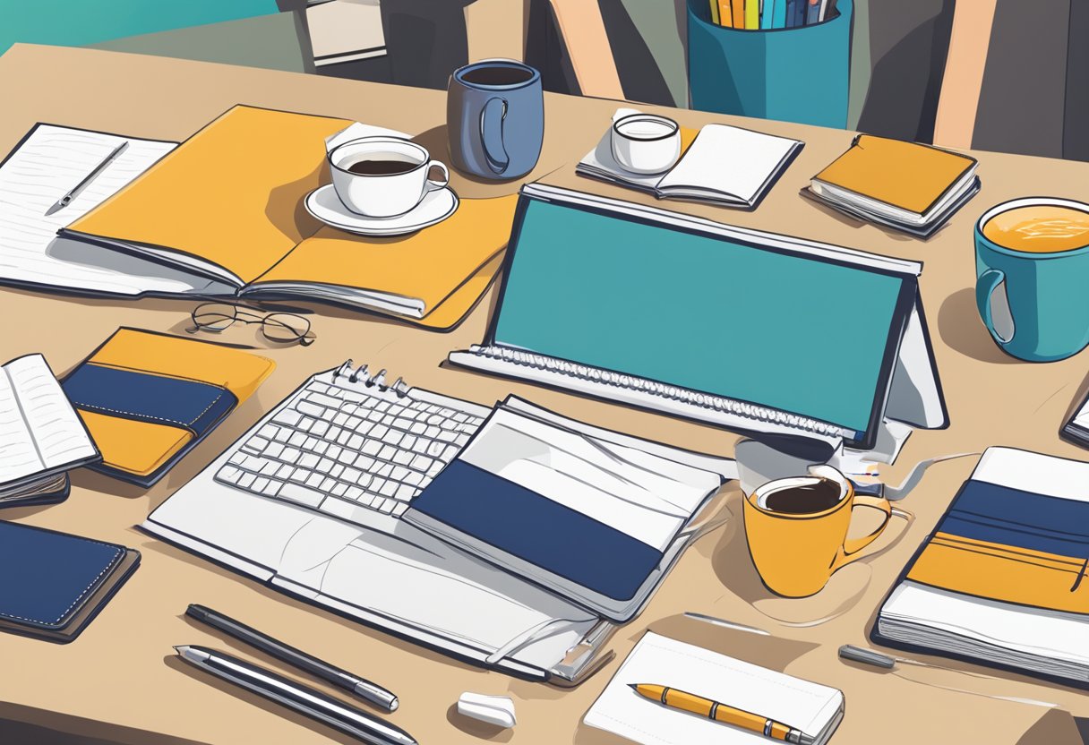 A table filled with branded merchandise like mugs, notebooks, and pens. A banner promoting corporate gifting strategies hangs in the background