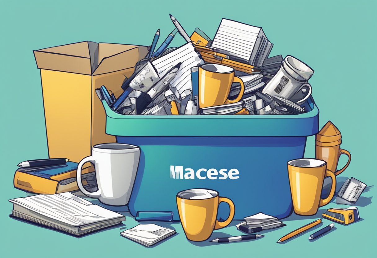 A pile of discarded office items, including branded mugs, pens, and notebooks, sits in a recycling bin