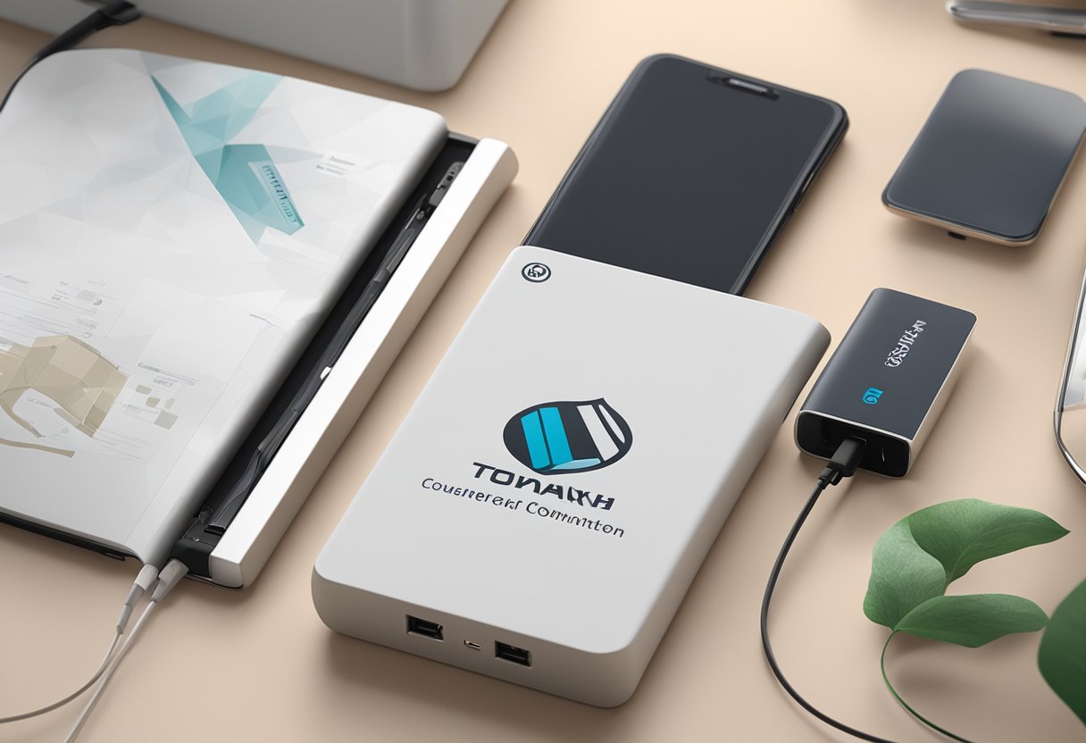 A powerbank with a company logo and custom design sits on a desk with packaging and branding materials nearby