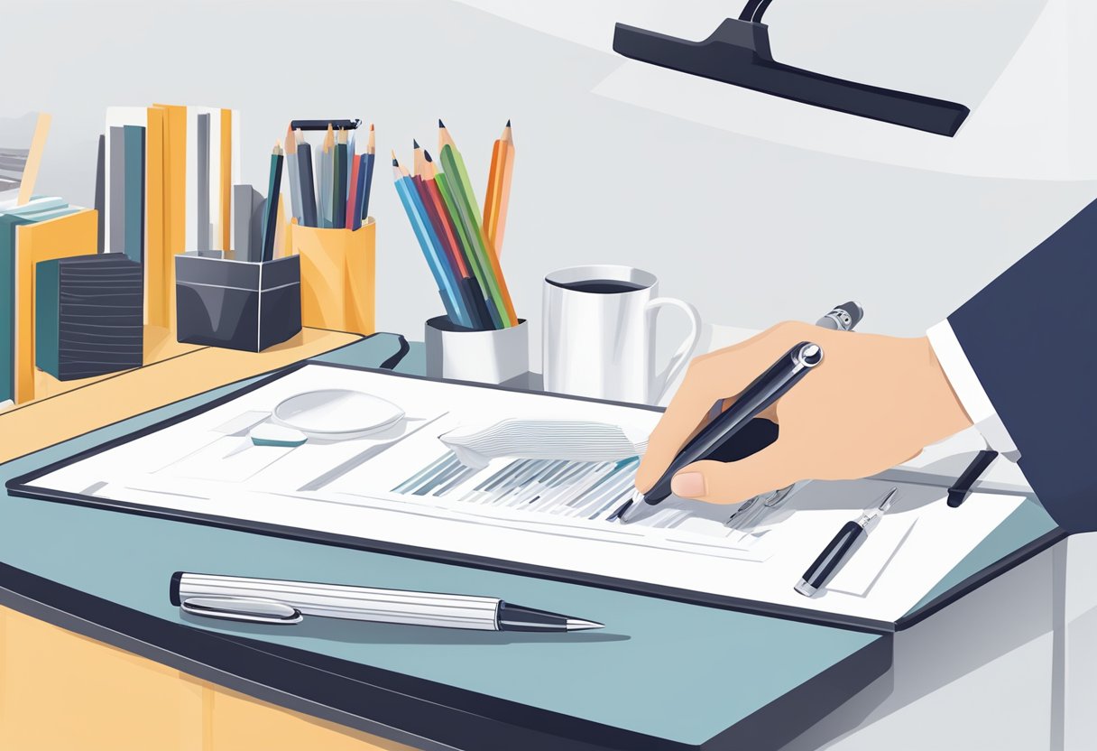 A hand reaches for a sleek, branded pen on a display table, surrounded by high-quality corporate gifts