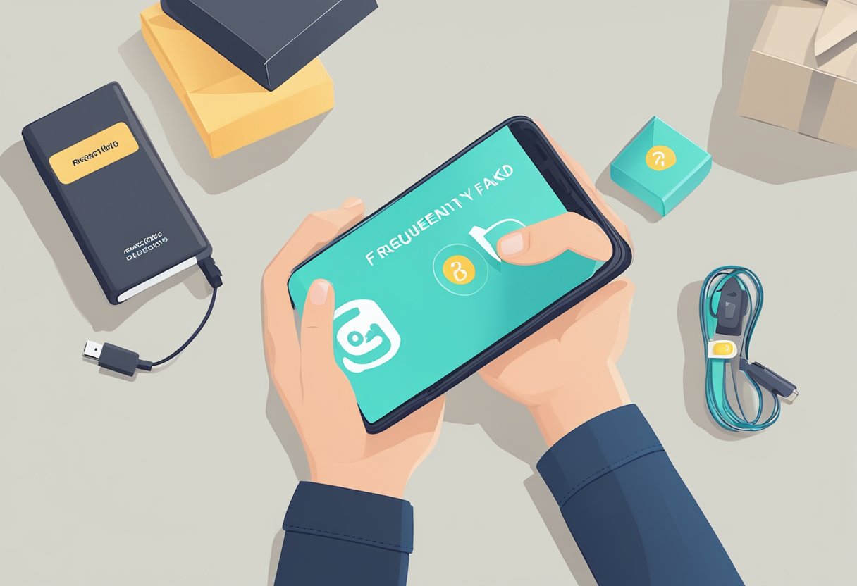 A hand holding a powerbank with a "Frequently Asked Questions" label. Gift box and happy recipient in the background
