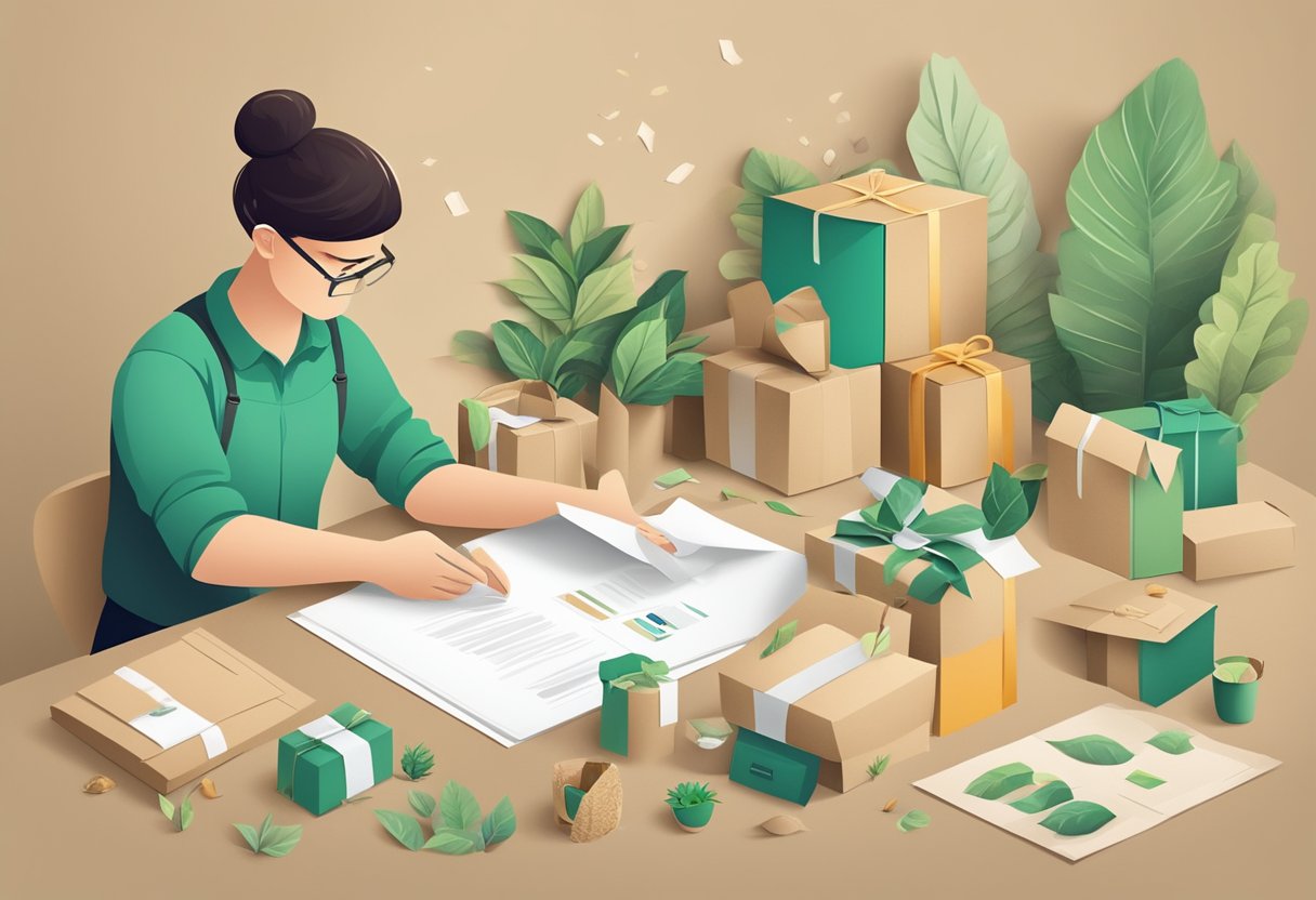 A person carefully chooses eco-friendly materials for corporate gifts, surrounded by recycled paper, cardboard, and sustainable packaging