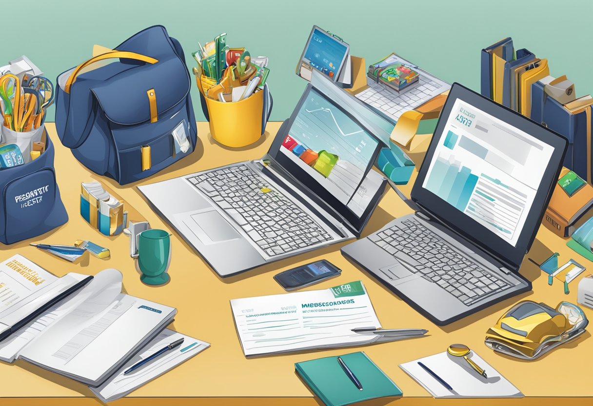 A table displaying various promotional gifts with a sign reading "Frequently Asked Questions corporate merchandise."