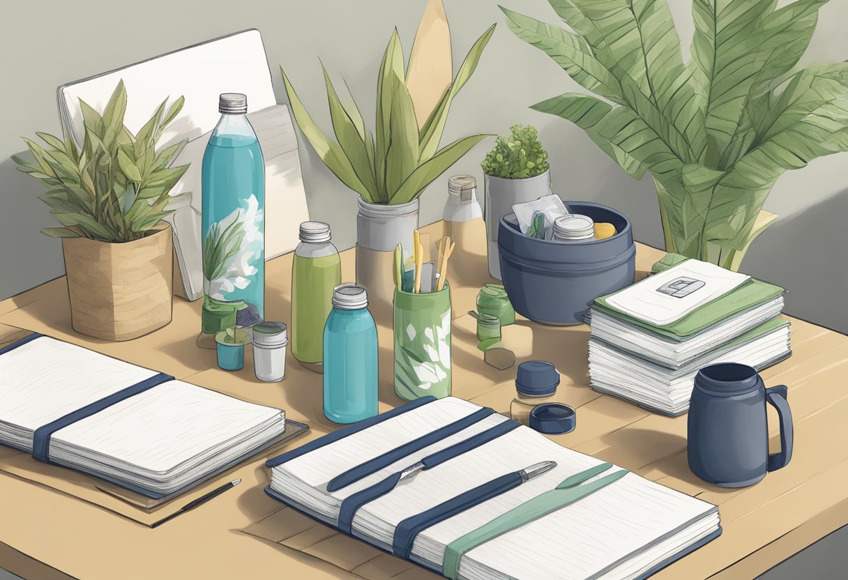 A table filled with eco-friendly corporate gifts, including reusable water bottles, bamboo utensil sets, and recycled paper notebooks