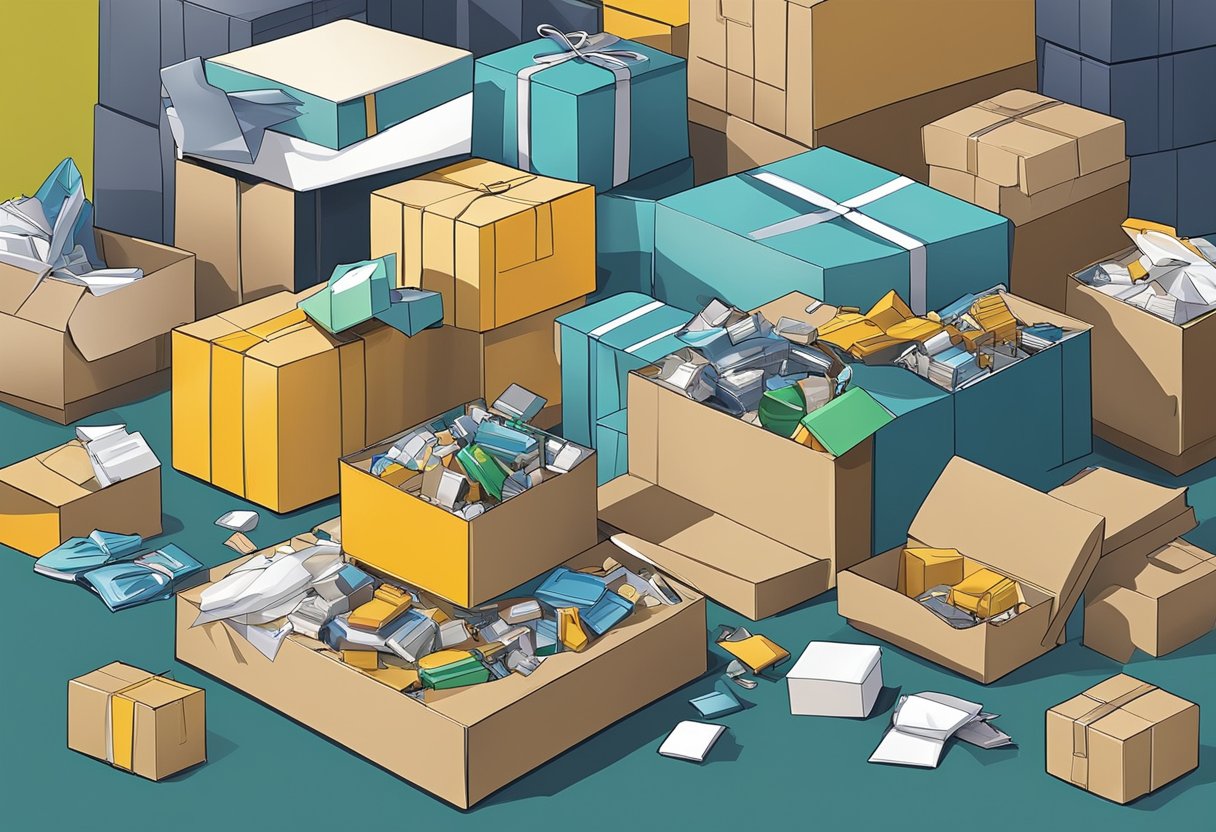 A pile of discarded corporate gifts being sorted and repurposed into new items. Labels and packaging are being removed, and materials are being separated for recycling