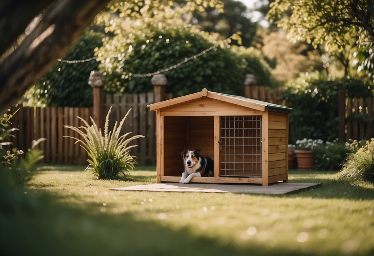 A wooden dog kennel stands in a backyard, surrounded by lush greenery. A cozy doghouse is attached, and a small fenced area allows the dog to roam freely